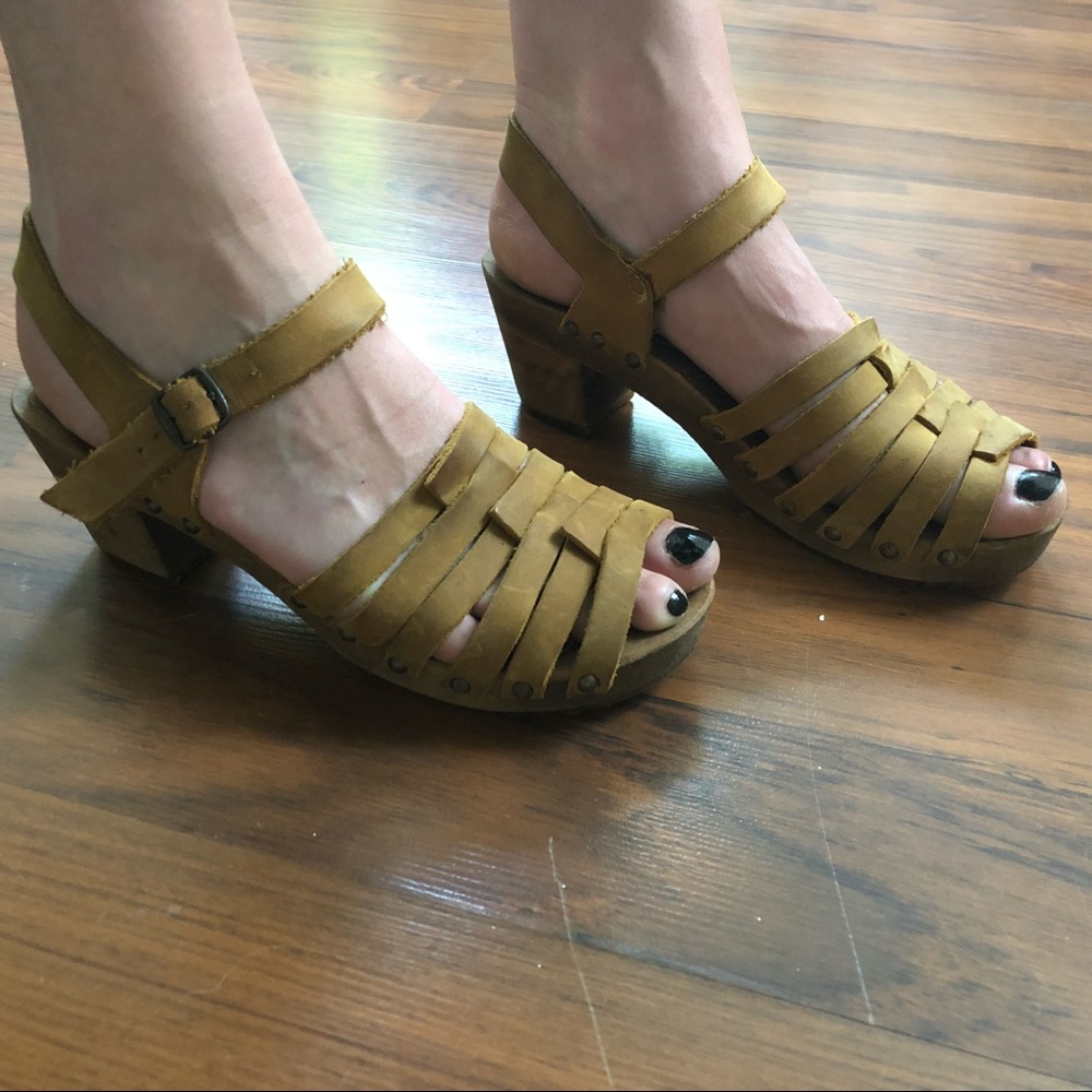Sanita wood clog sandals, mustard brown, size 39